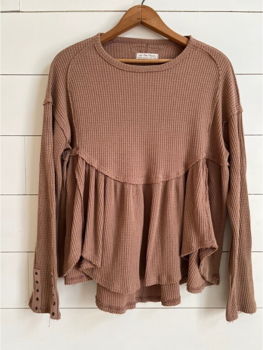 We The Free Oh My Babydoll Thermal Top Women's Size XS Carmel Brown Boho Fall
